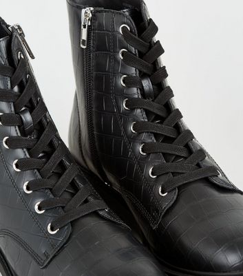 Black Faux Croc Lace Up Ankle Boots 