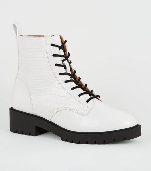White Faux Croc Lace Up Ankle Boots