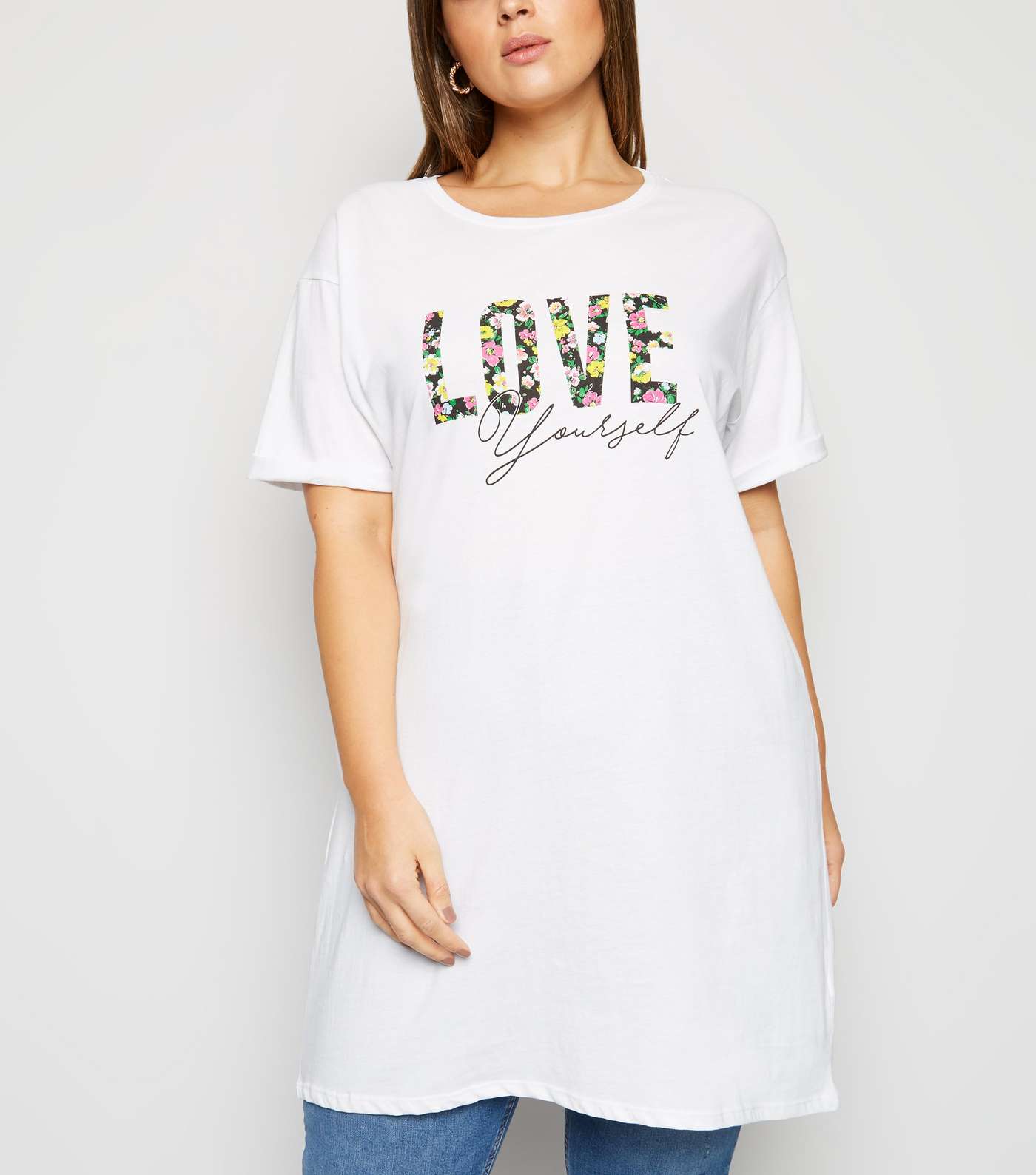 Curves White Slogan Love Longline T-Shirt