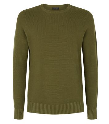Image of Olive Waffle Knit Muscle Fit Jumper New Look