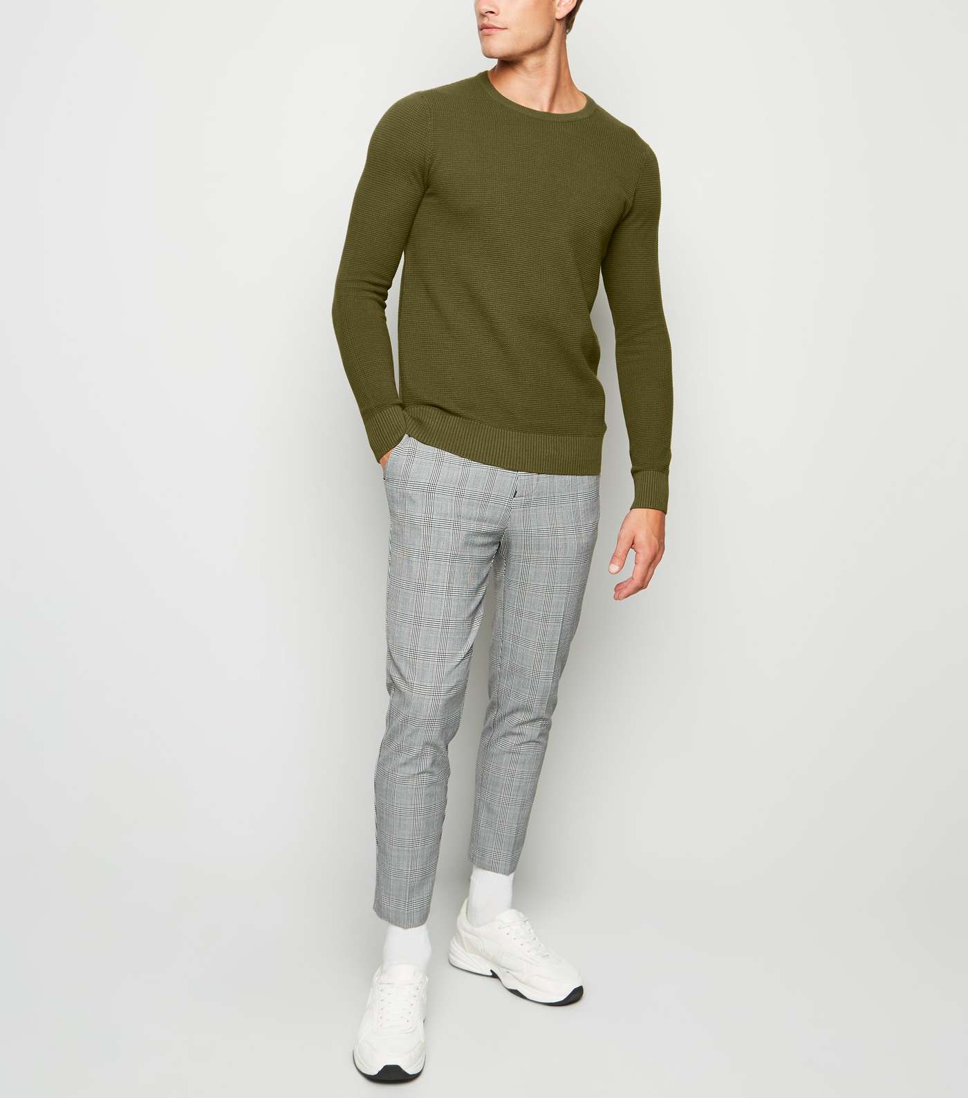 Olive Waffle Knit Muscle Fit Jumper Image 2