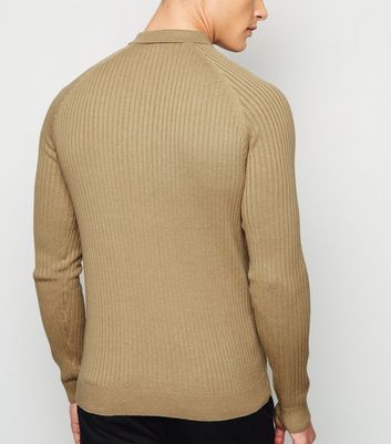 Image of Cream Ribbed Muscle Fit Polo Shirt New Look