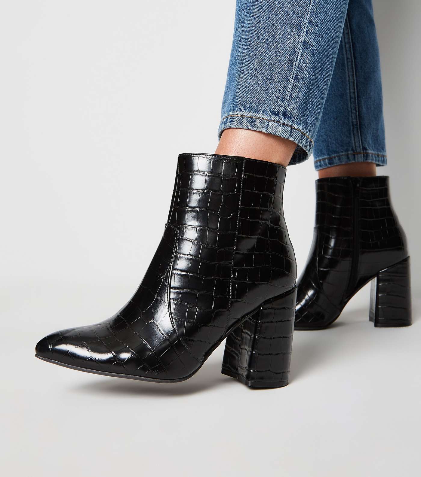 Wide Fit Black Faux Croc Flared Heel Boots Image 2