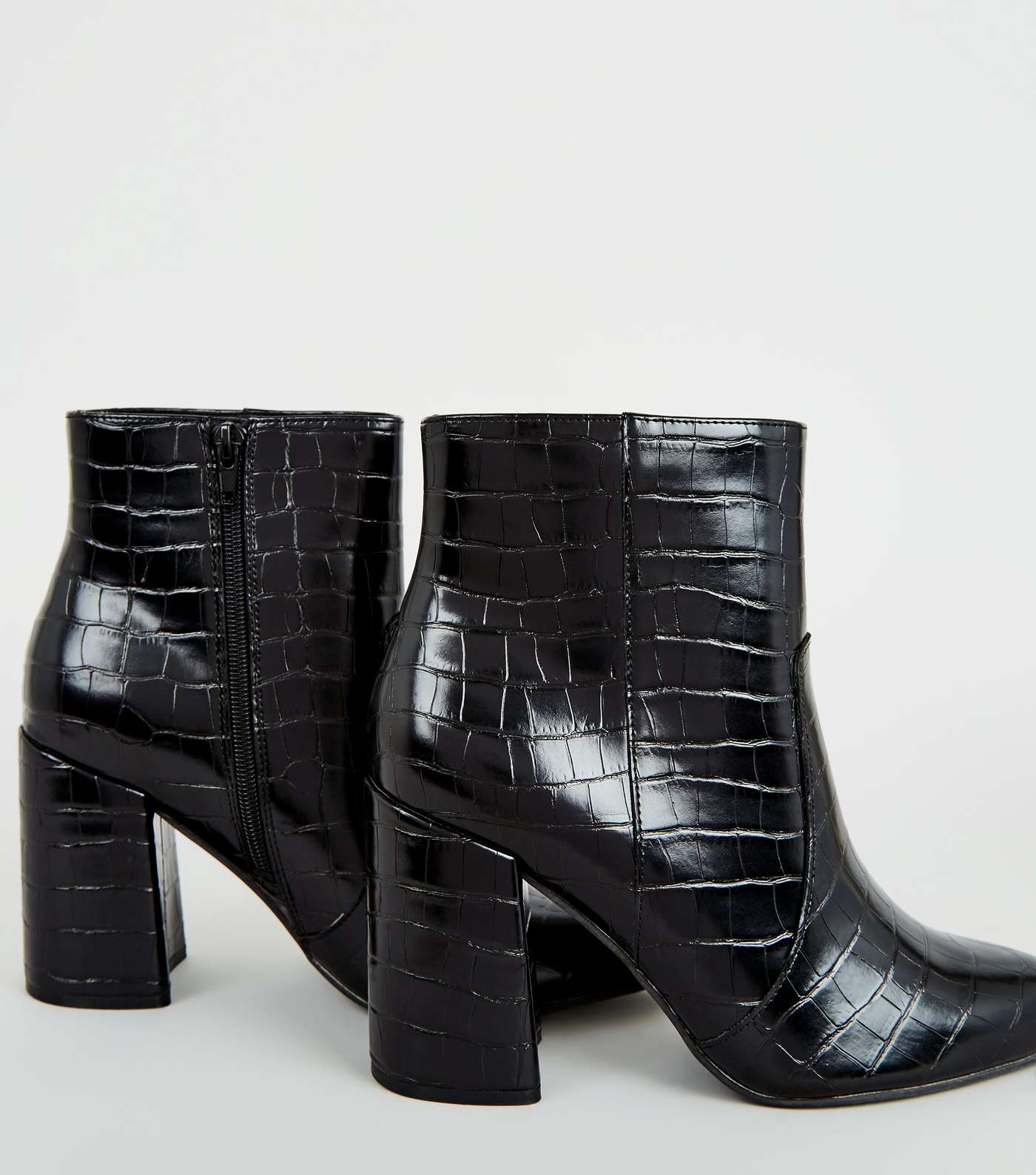Wide Fit Black Faux Croc Flared Heel Boots Image 4