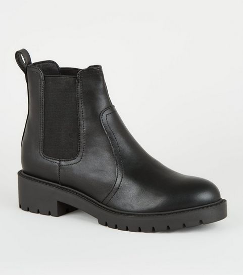 Wide Fit Black Leather-Look Chelsea Boots