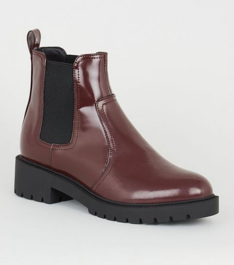 Wide Fit Dark Red Patent Chelsea Boots