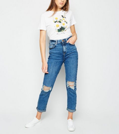 Blue Ripped Knee Tori Mom Jeans