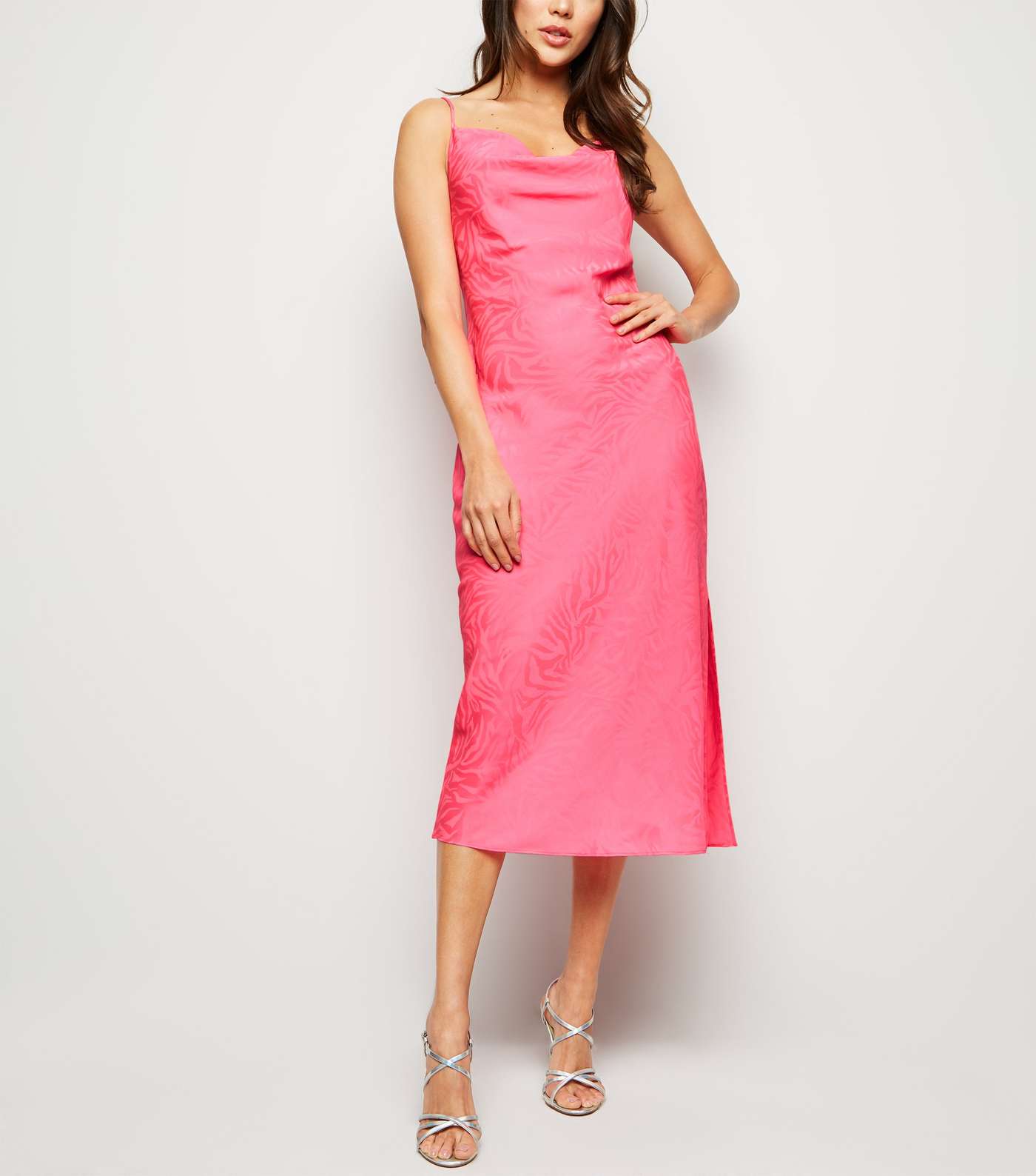 Bright Pink Satin Tiger Jacquard Midi Dress