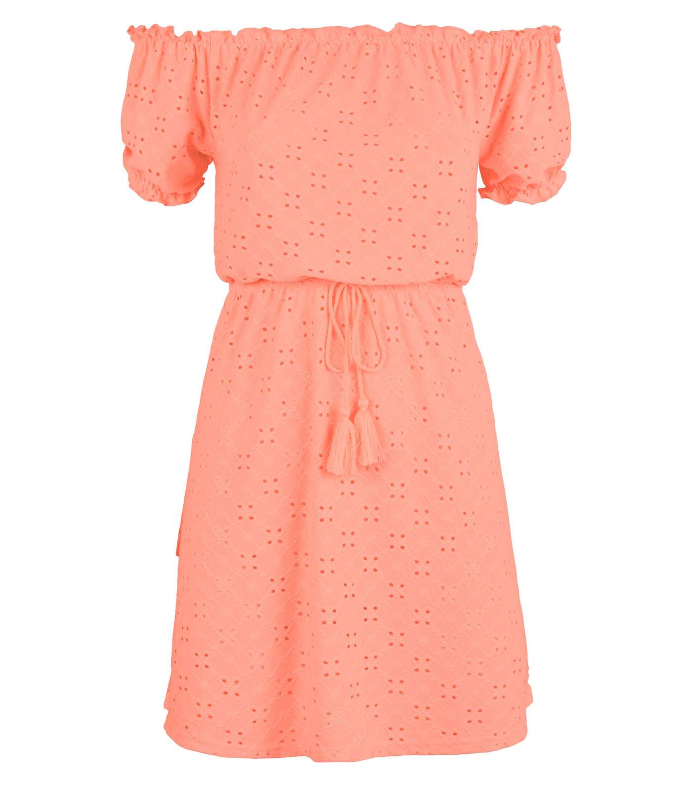Coral Broderie Bardot Beach Dress Image 4