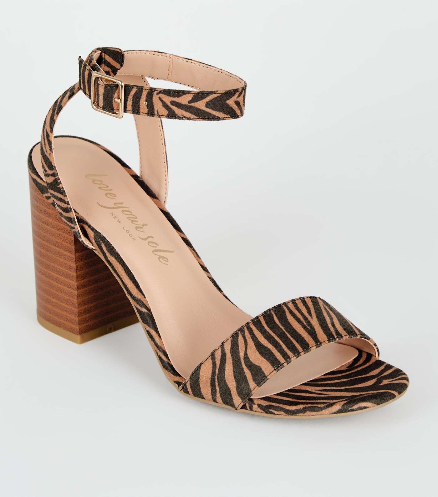Brown Tiger Print Suedette Wooden Block Heels
