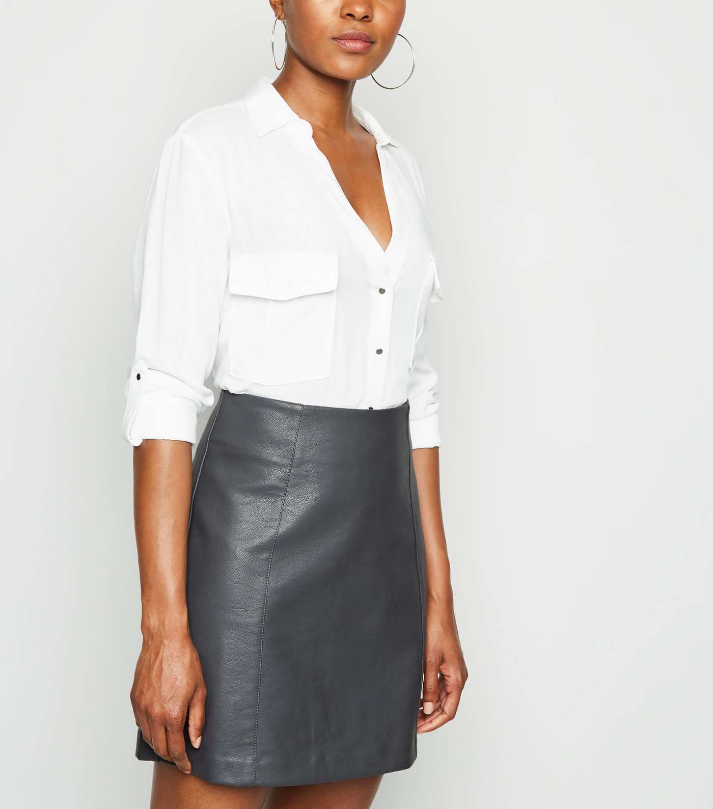 Dark Grey Coated Leather-Look Mini Skirt 