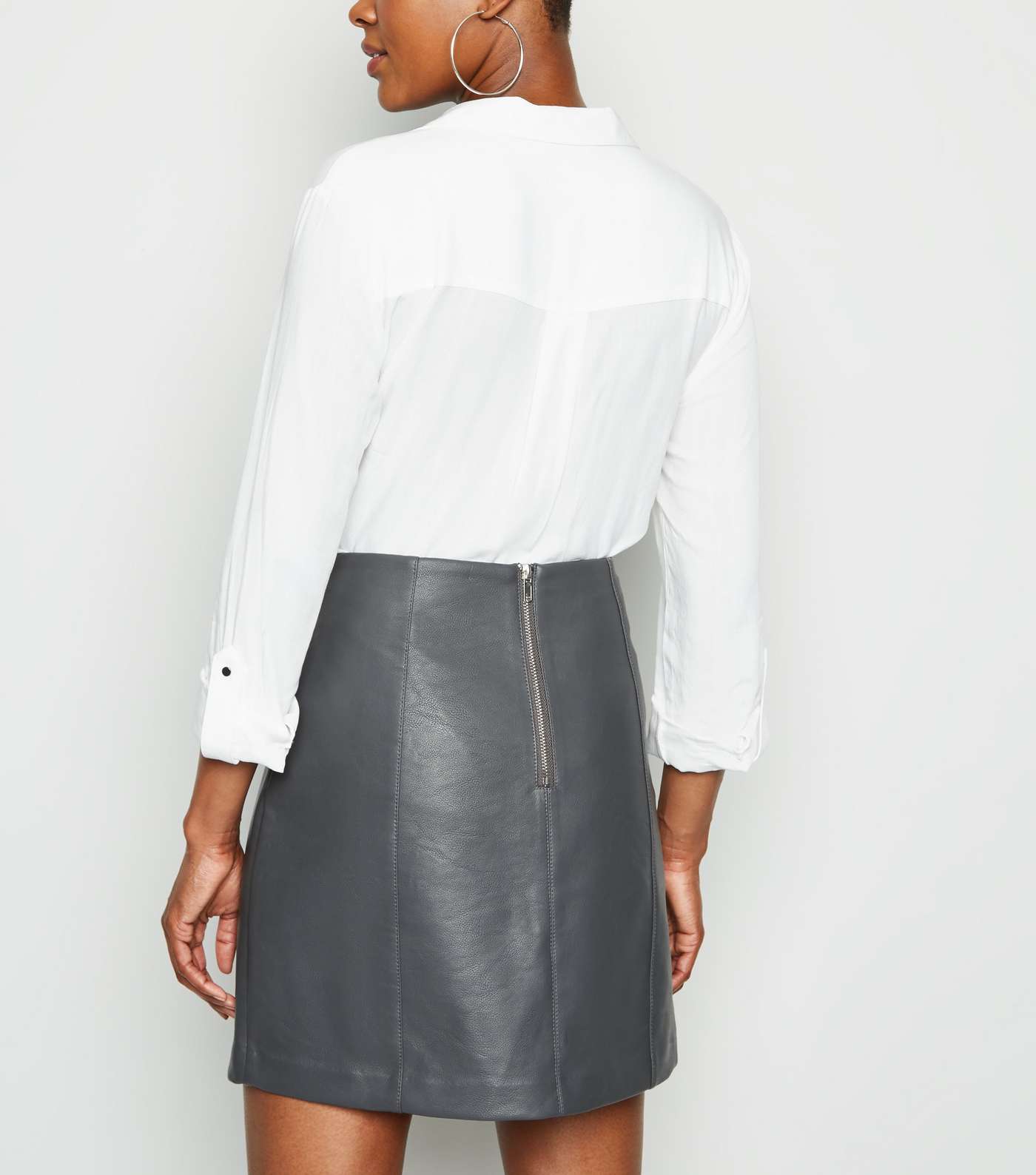 Dark Grey Coated Leather-Look Mini Skirt  Image 3