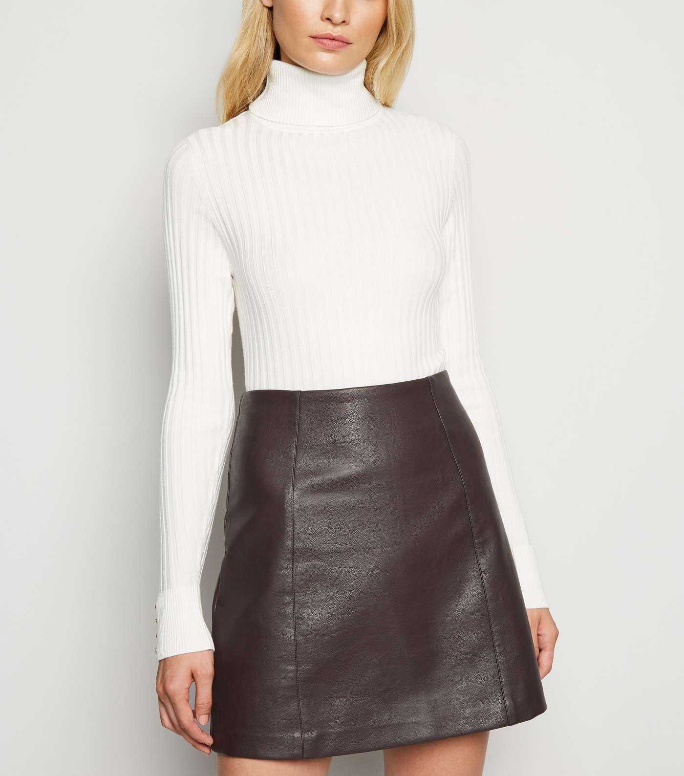 Dark Brown Coated Leather-Look Mini Skirt 