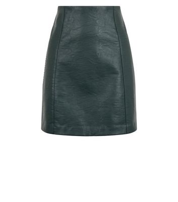 Dark Green Coated Leather Look Mini Skirt