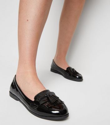 Black Patent Tassel Trim Loafers New Look