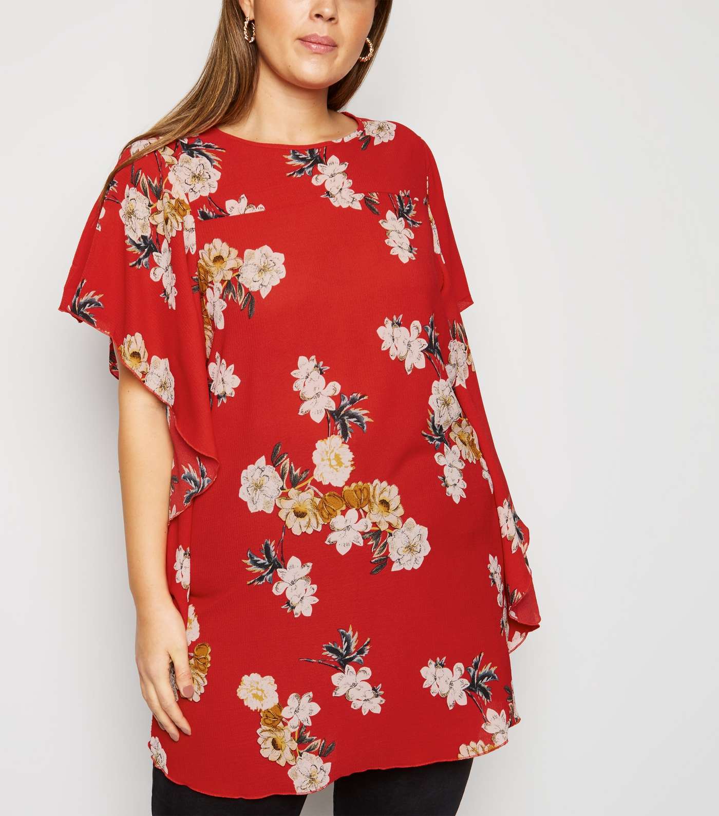 Mela Curves Red Floral Waterfall Sleeve Blouse