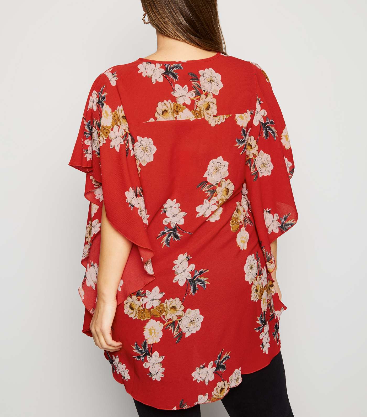 Mela Curves Red Floral Waterfall Sleeve Blouse Image 3