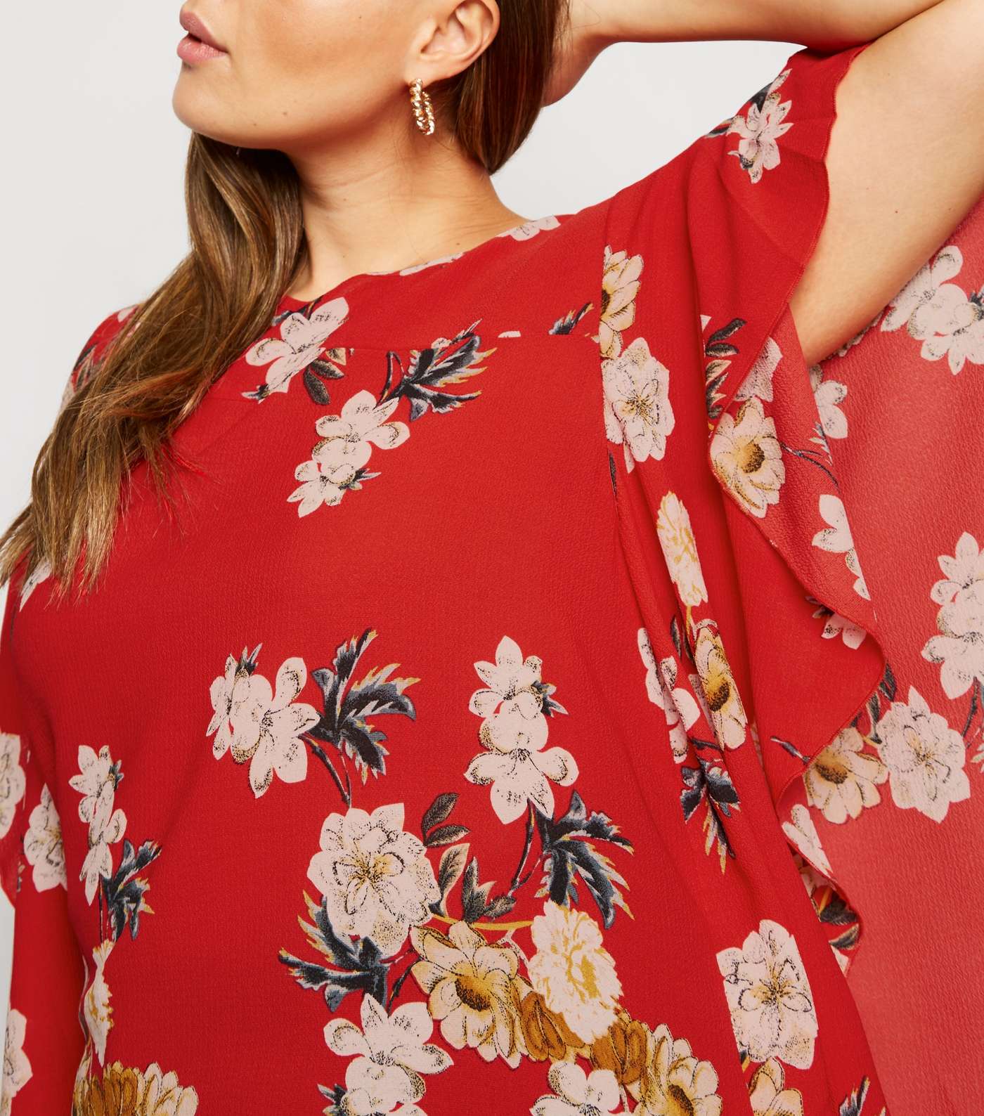 Mela Curves Red Floral Waterfall Sleeve Blouse Image 5