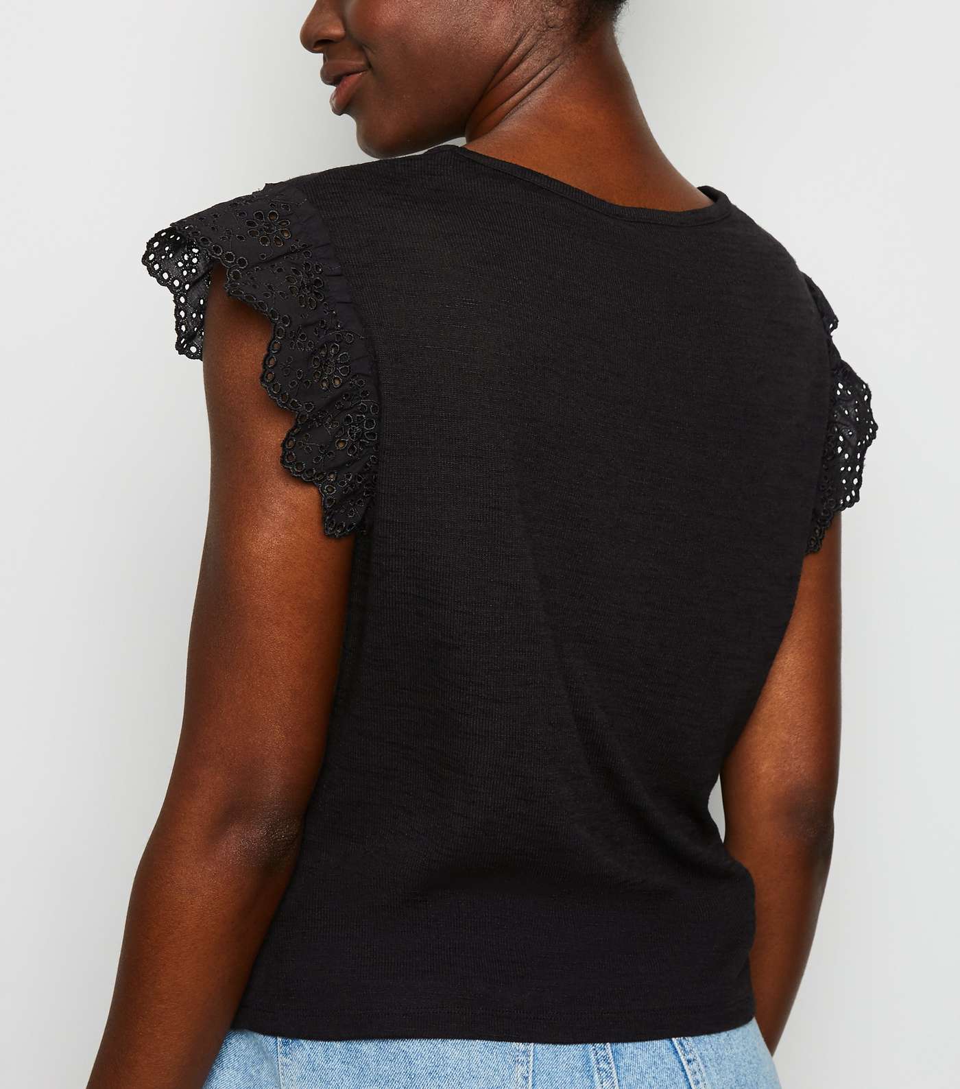 Black Broderie Sleeve T-Shirt Image 3