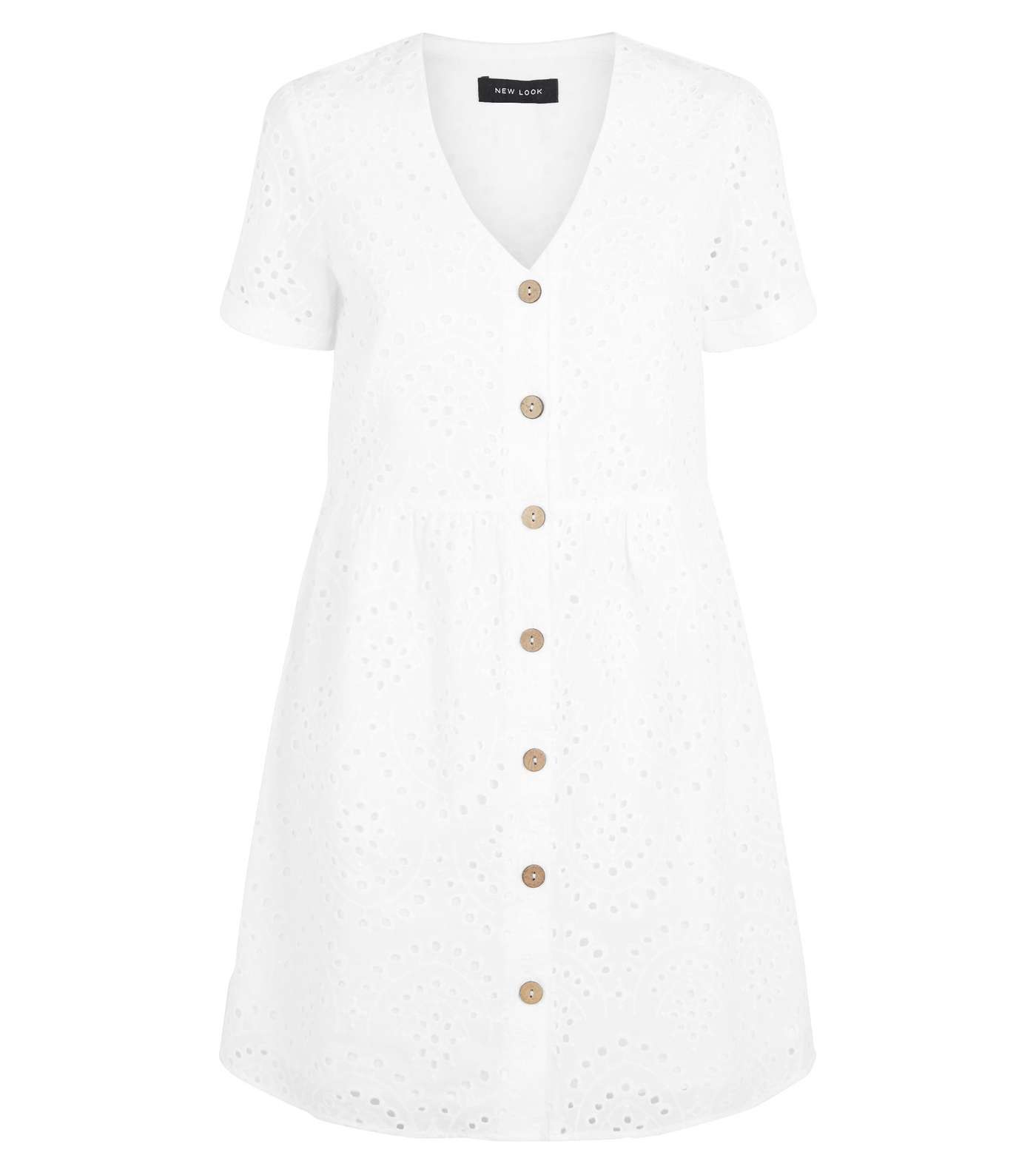 White Broderie Button Up Smock Dress Image 4