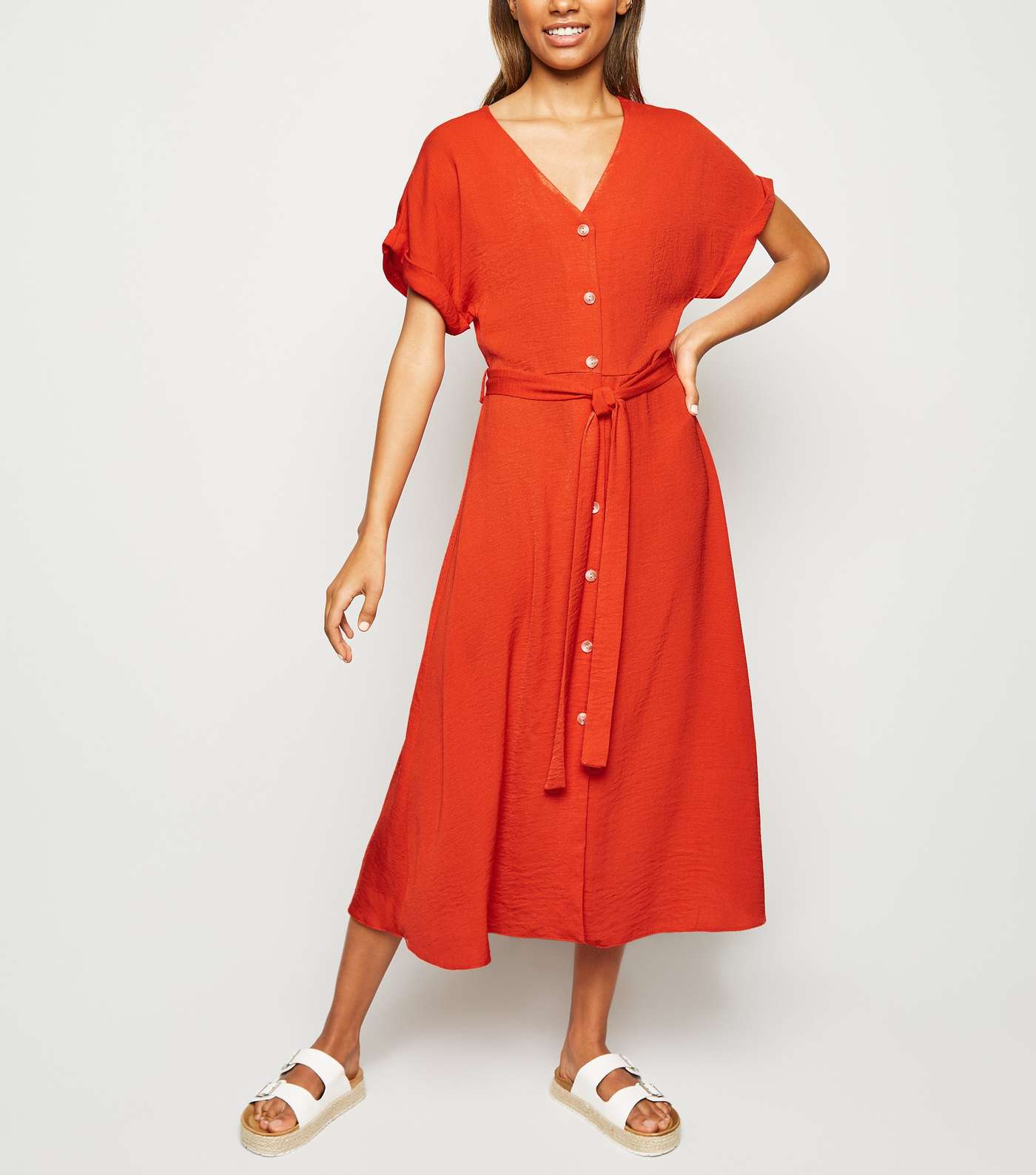 Red Herringbone Button Up Midi Dress Image 3