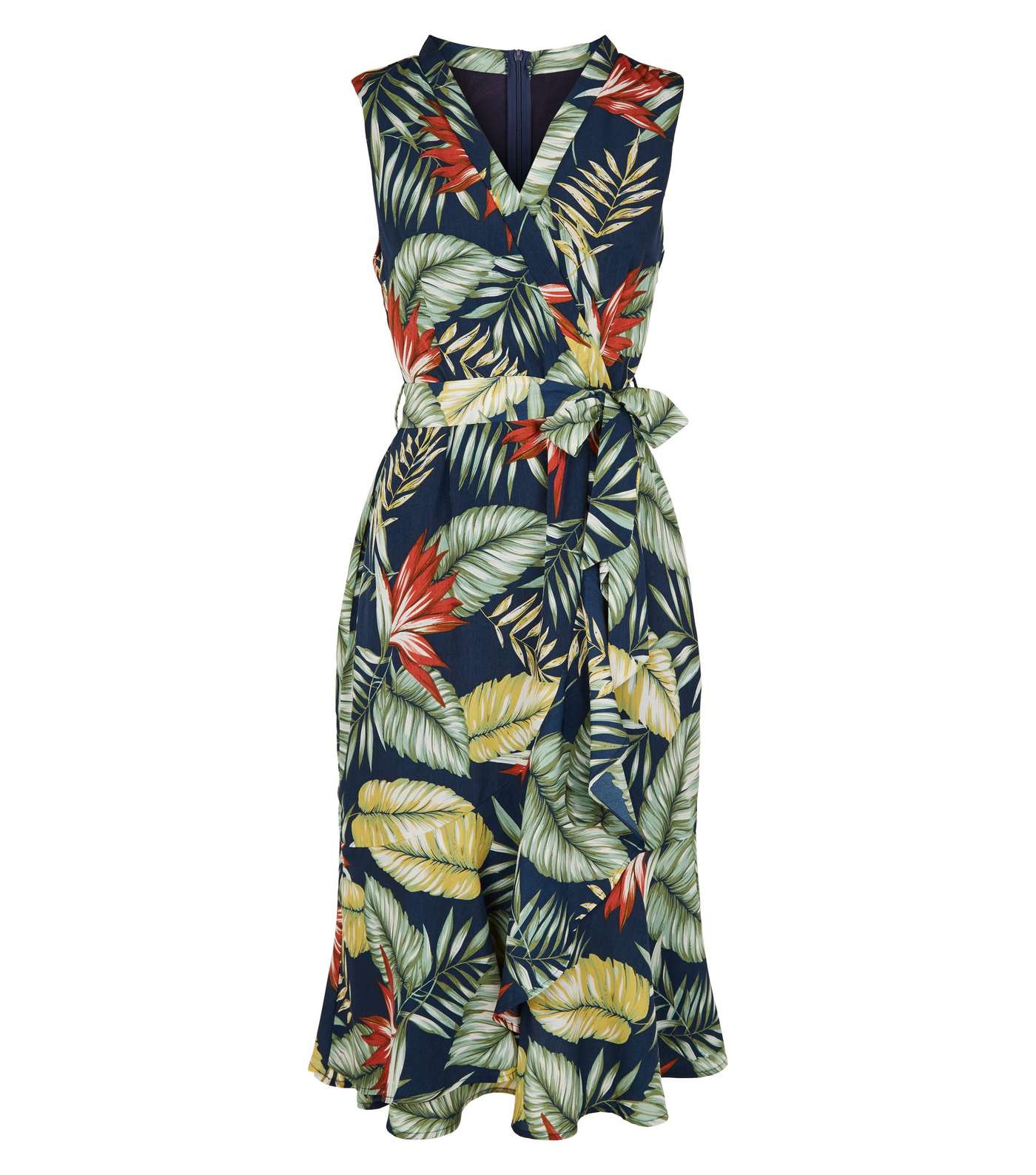 Mela Blue Tropical Leaf Wrap Midi Dress Image 4