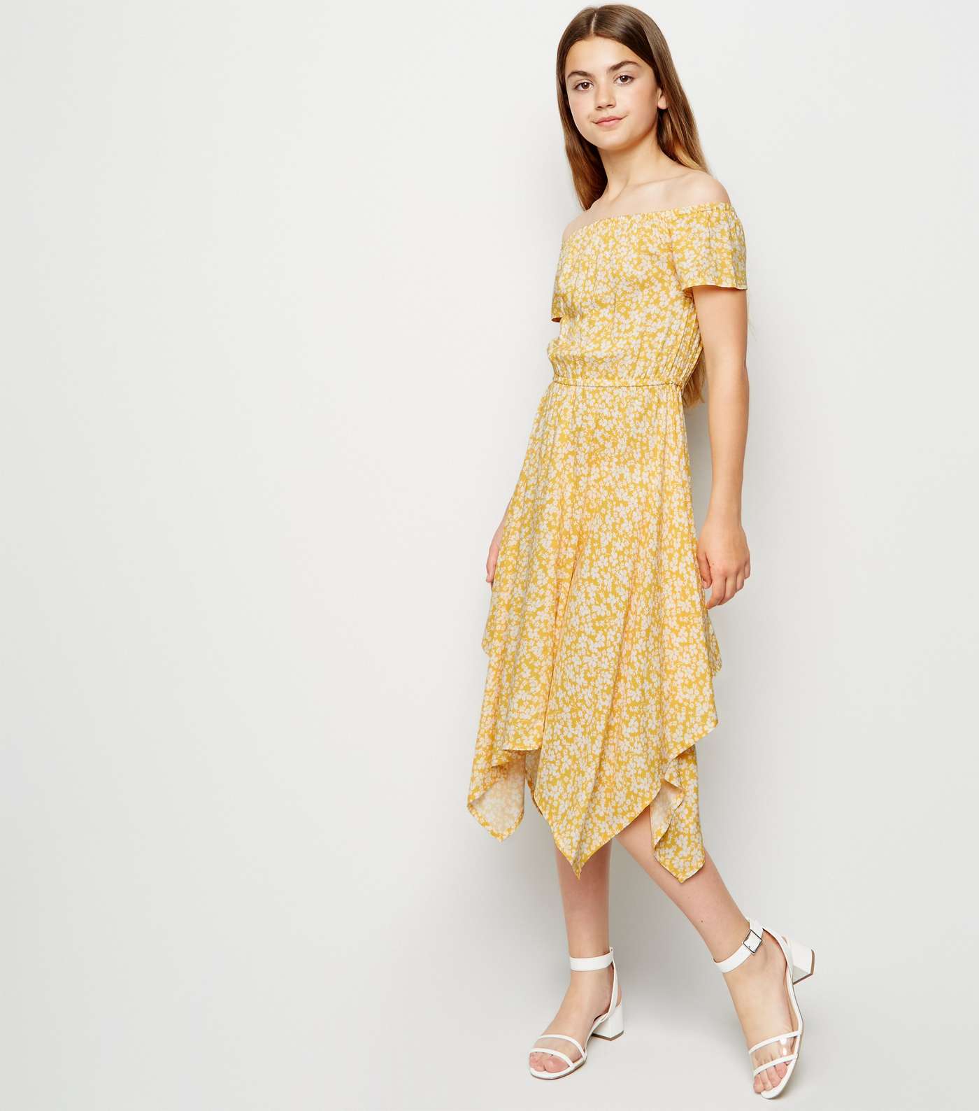 Girls Yellow Floral Bardot Midi Dress