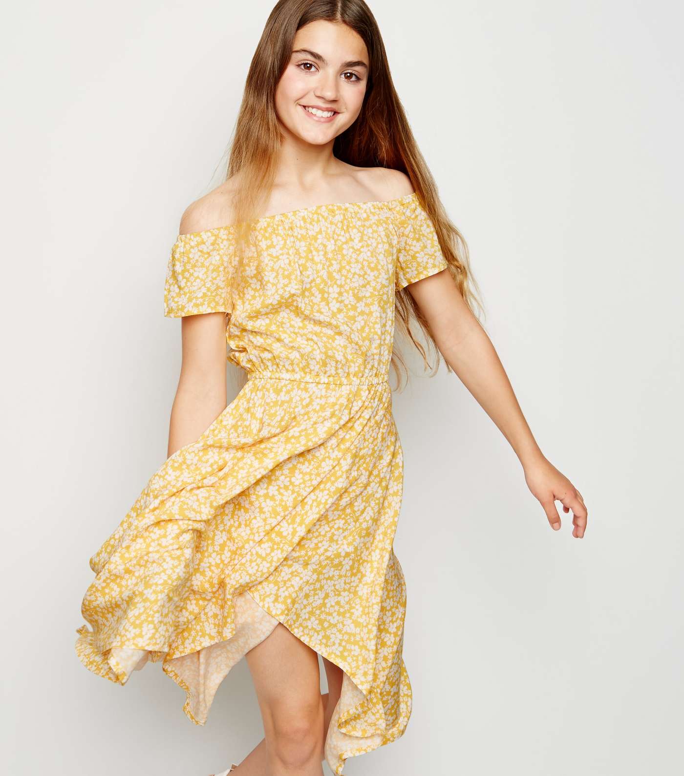 Girls Yellow Floral Bardot Midi Dress Image 5