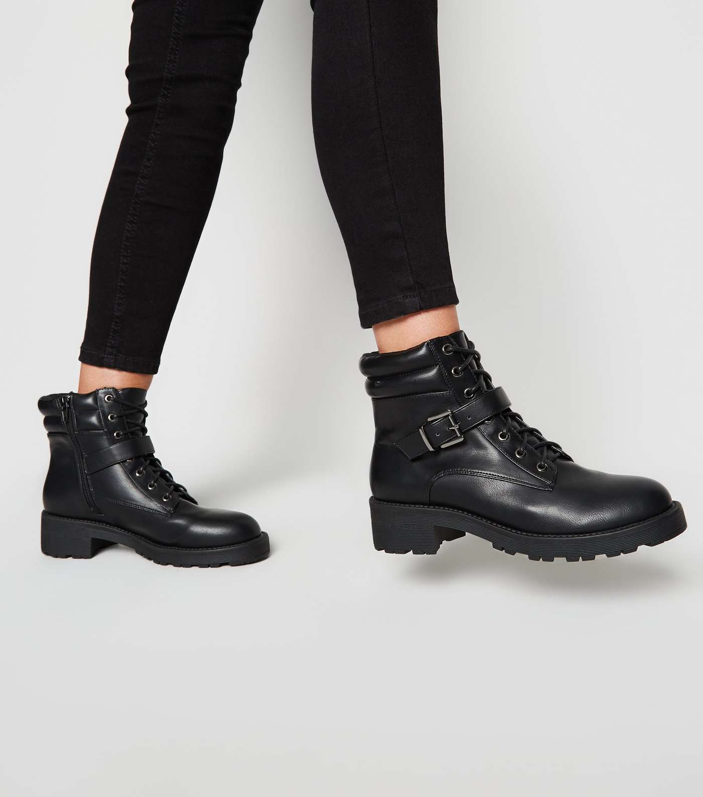 Black Leather-Look Lace Up Hiker Boots Image 2