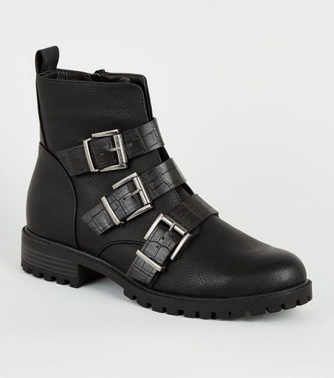 Black Faux Croc Strap Biker Boots