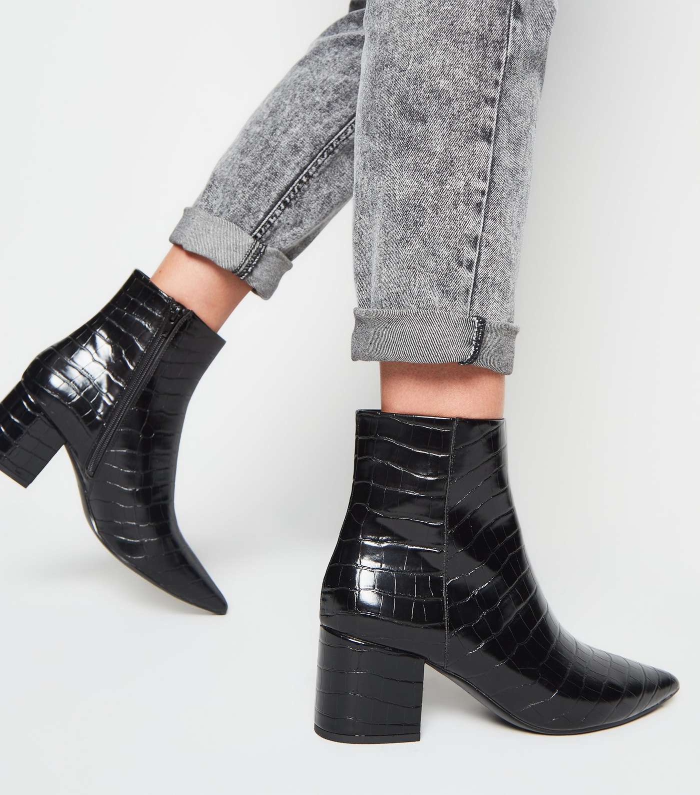 Black Faux Croc Pointed Ankle Boots Image 2