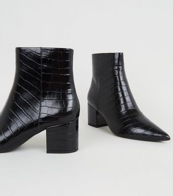 Black Faux Croc Pointed Ankle Boots 