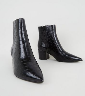 Black Faux Croc Pointed Ankle Boots 