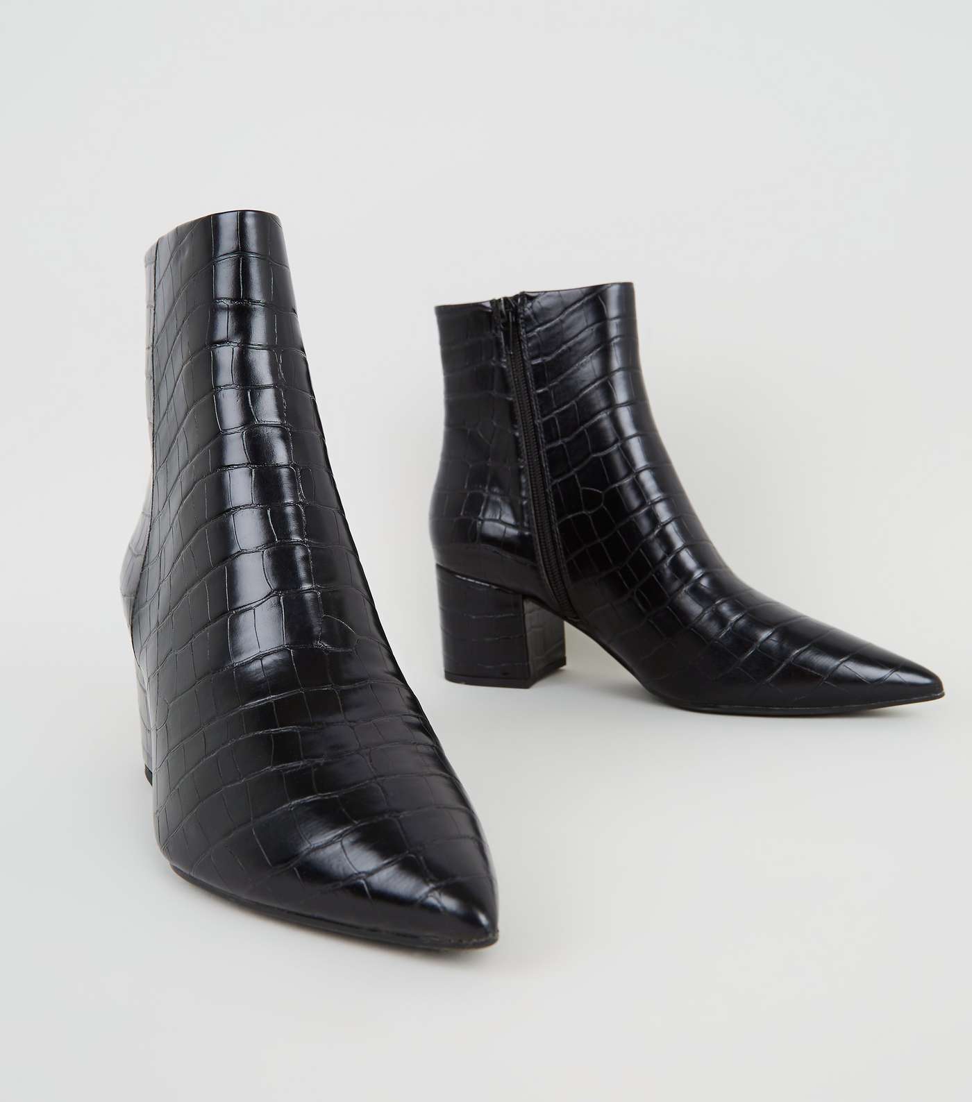 Black Faux Croc Pointed Ankle Boots Image 4