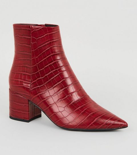 Dark Red Faux Croc Pointed Ankle Boots