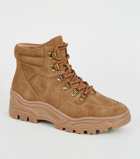 Tan Leather-Look Chunky Hiker Boots