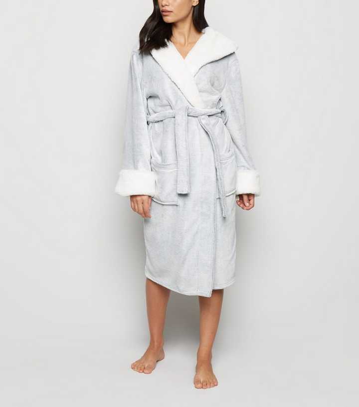 Pale Grey Fluffy Hooded Dressing Gown