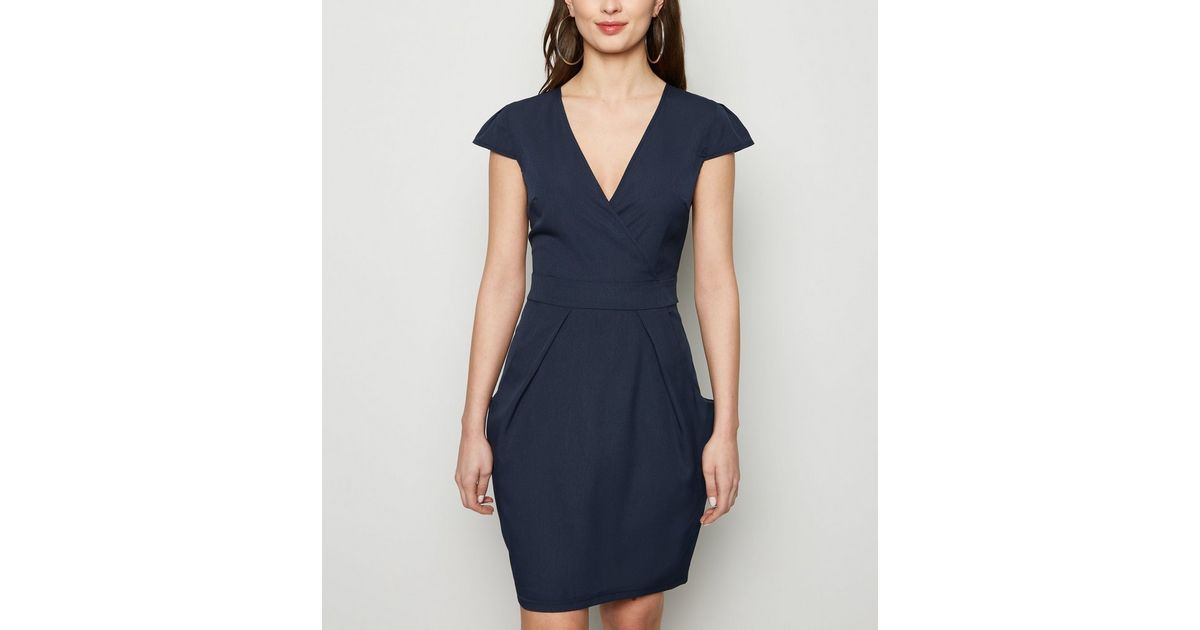 Blue Vanilla Navy Wrap Front Tulip Dress New Look