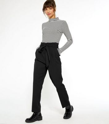 Black Stripe Belted Tapered Trousers  New Look