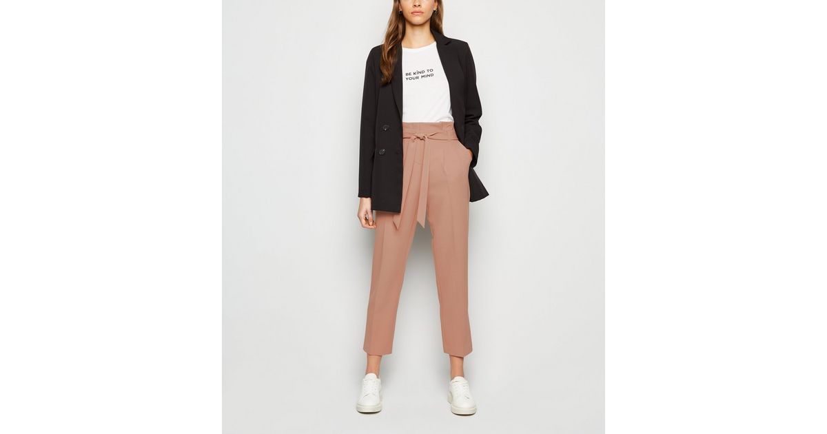 Mid Pink Tie Waist Tapered Trousers | New Look