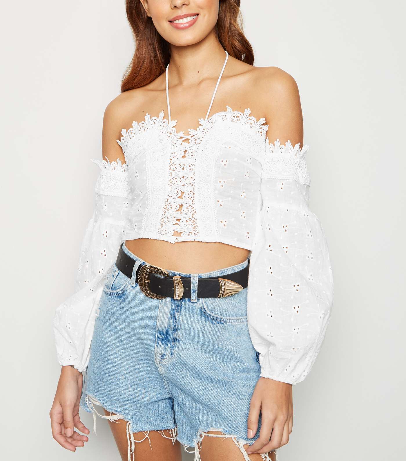 Parisian White Broderie Lace Up Crop Top