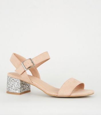 Girls Nude Glitter Block Heel Sandals New Look