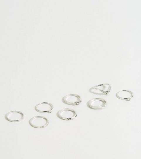 8 Pack Silver Diamanté Stacking Rings