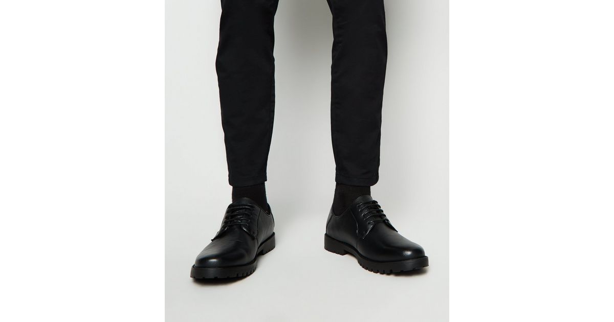 Black LeatherLook Cleated Derby Shoes New Look