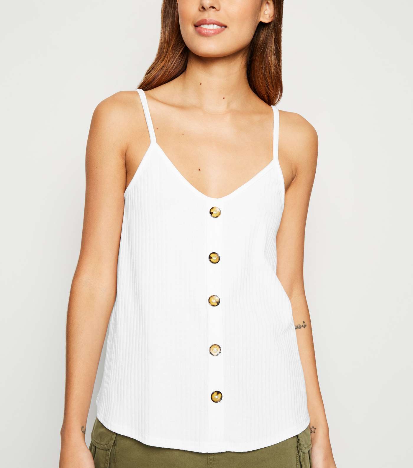Off White Ribbed Button Front Cami