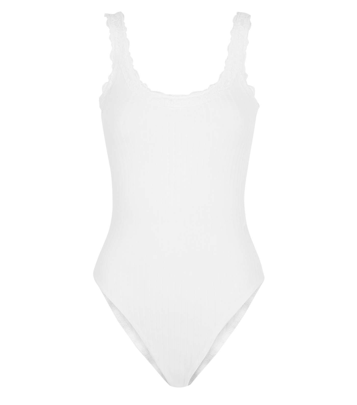 White Ribbed Lace Trim Bodysuit Image 4