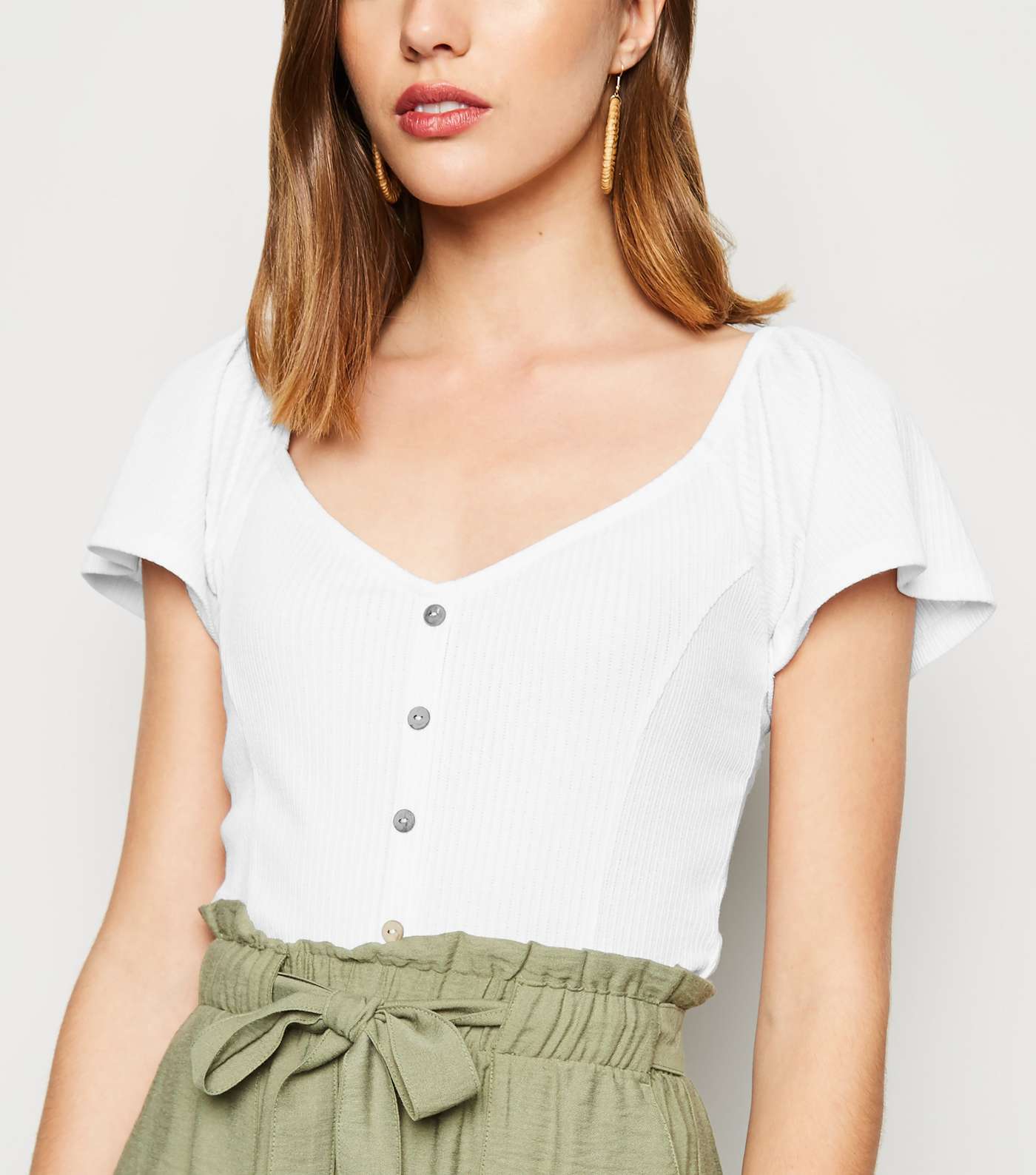 White Flutter Sleeve Button T-Shirt