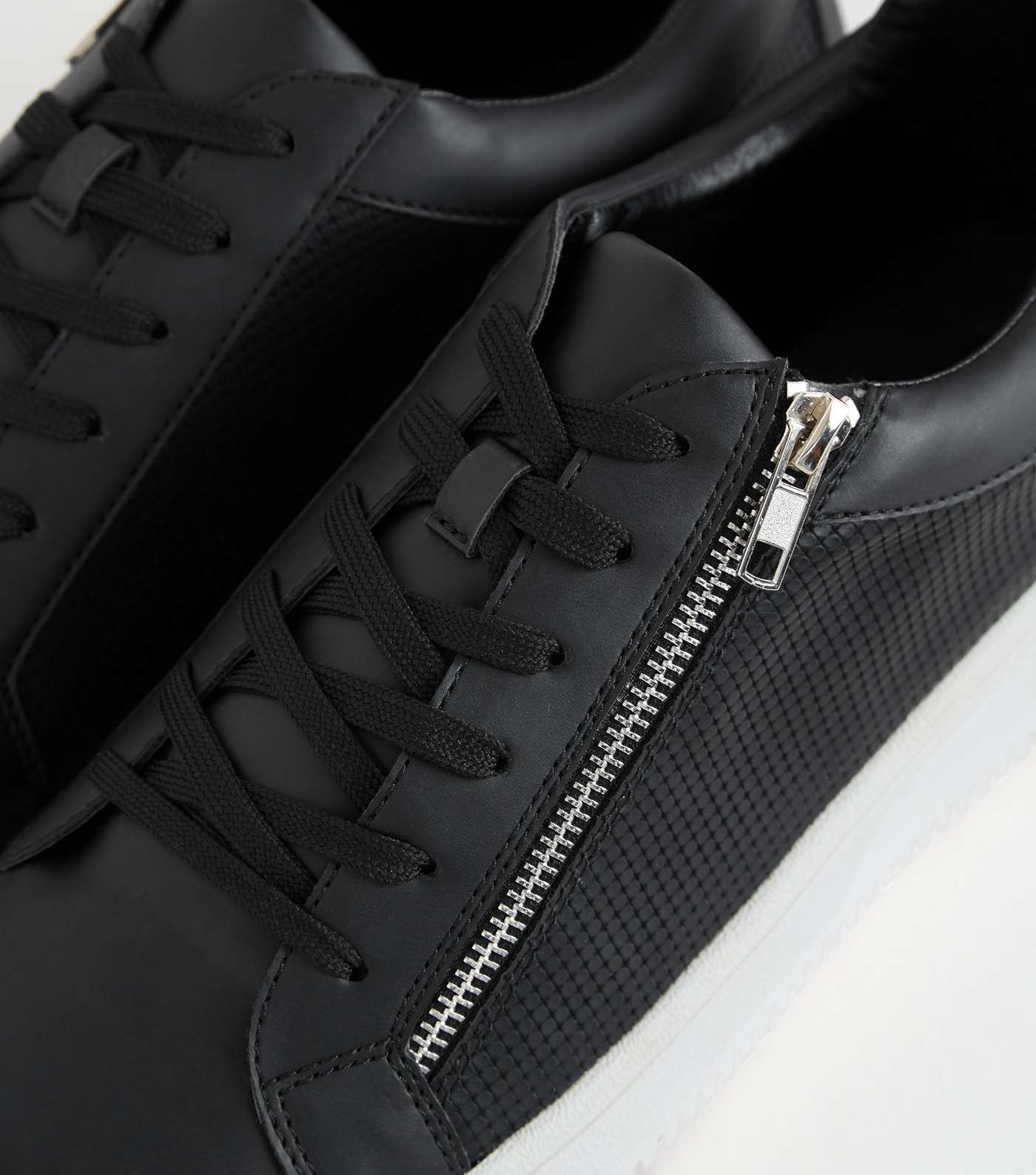 Black Textured Leather-Look Zip Side Trainers Image 4