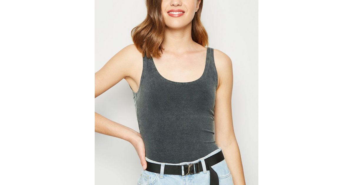 Dark Grey Acid Wash Bodysuit New Look