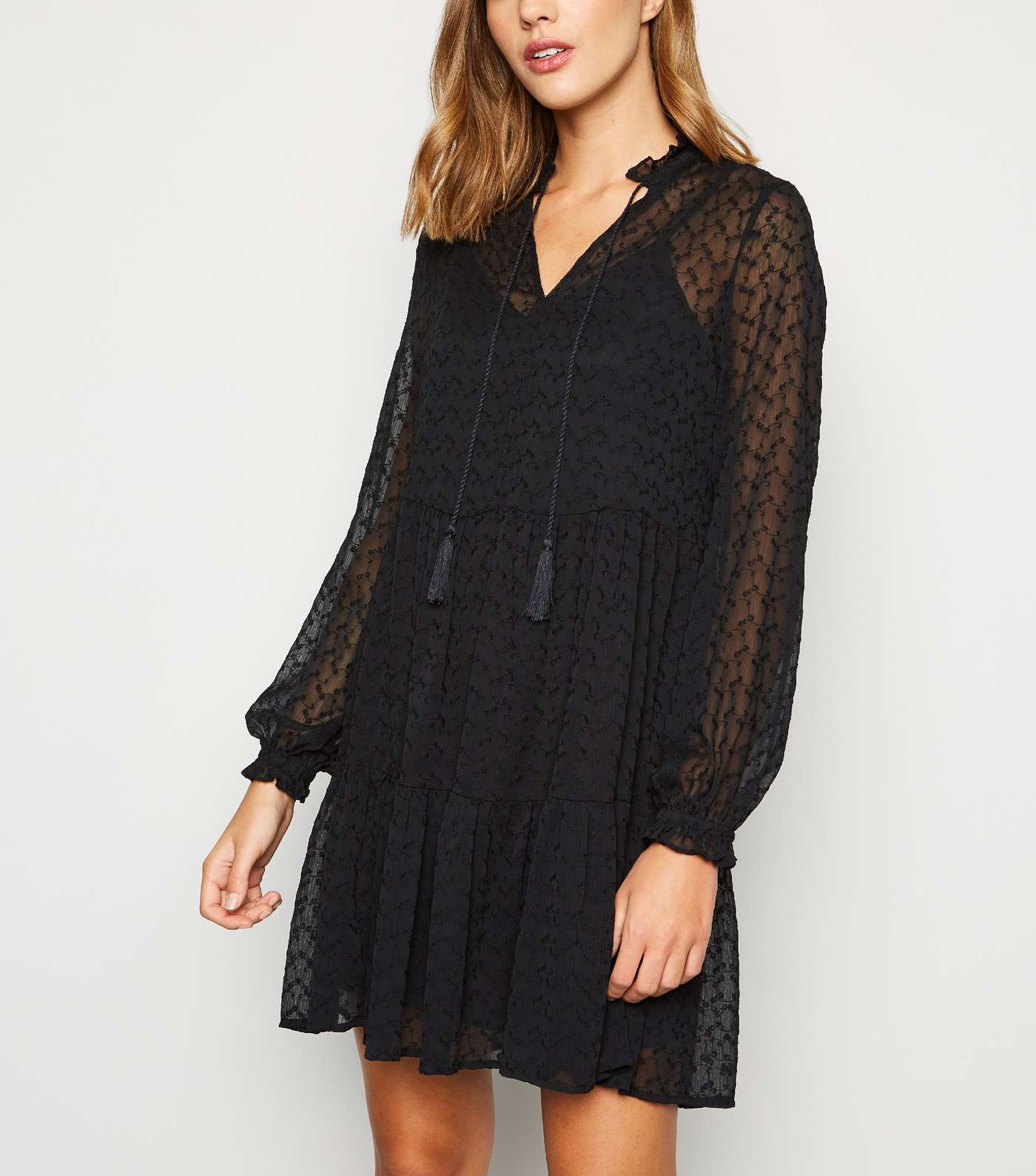 Black Lace Tiered Smock Dress